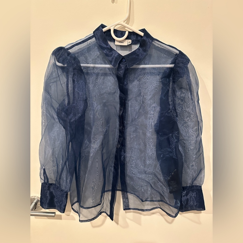 Ichi Sheer Blue Button Down Shirt Blouse Top